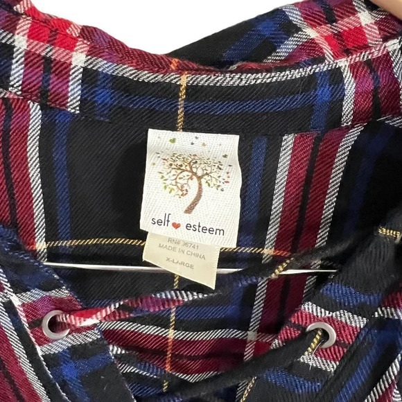 Self Esteem Plaid Blouse Size XL Lace Up Chest Collared Multicolor Long Sleeves - Picture 4 of 4